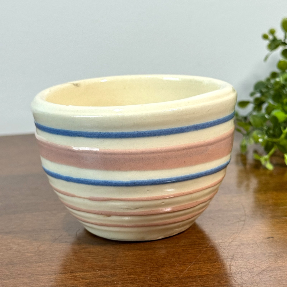 Vintage McCoy Oven Ware 3.5" Bowl Pink Blue Stripes Ribbed Beehive Pottery R95